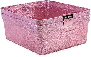 Isaac Jacobs Medium Glitter Storage Bin (14 x 11.5 x 5.5) Set w/Cut-Out Handles, Plastic Organizer, Multi-Functional, Home Storage Solution, Kids Playroom, Bedroom, Closet (2, Pink)