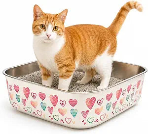 Extra Large Stainless Steel Cat Litter Box (23") Hand-Painted Metal Litter Pan with Scoop, Odor Resistant, Non-Stick, Easy Clean (Happy Hearts)