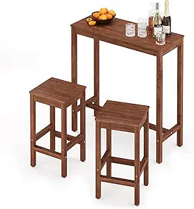 Cozyman 38 inch Bar Table and Chairs Set, Acacia Wood Pub Table with 2 Stools, Rectangular Counter Height Table Set for Dining Room, Kitchen, Living Room, Teak Brown