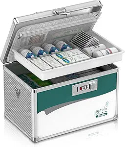 Glosen Medication Lock Box with Code, 2-Layer Medicine Lock Box with Flexible TrayMedium 12 x 7.68 x 7.87 Inch Portable First Aid Box with Handle&Shoulder Strap for Home, Travel