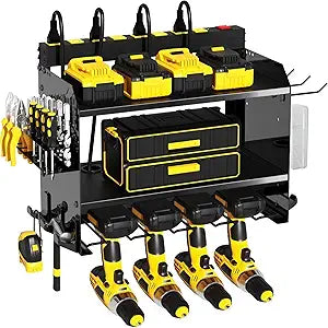 Power Tool Organizer Wall Mount with Charging Station,4 Drill Holder Wall Mount with 8 Outlet Power Strip,Heavy Duty Tool Rack with Hooks,Screwdriver Organizer in Garage(Glossy Black,3 Layer)
