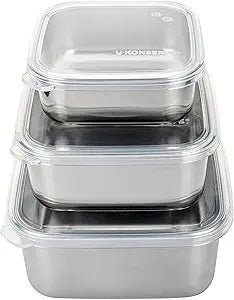 U Konserve Stainless Steel Nested Trio Food Storage Container Bento Box, Set of 3 (15, 30, & 50 oz), Leak Resistant, Silicone Lid, Dishwasher Safe, Plastic Free