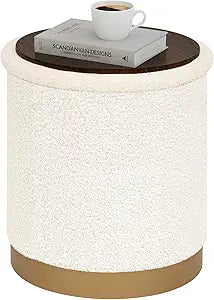 PINPLUS Round White Boucle Storage Ottoman, 14.7"x14.7"x16.3" Soft Teddy Footstool with Hidden Storage for Bedroom & Apartment, 220 LBS Capacity