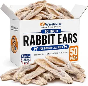 K9warehouse Rabbit Ears for Dogs - Dehydrated Rabbit Ears Dog Treats - Natural Chews - Low-Fat & Grain-Free - Promotes Dental Health - High Protein - Ideal Training Snacks - 50 Pack