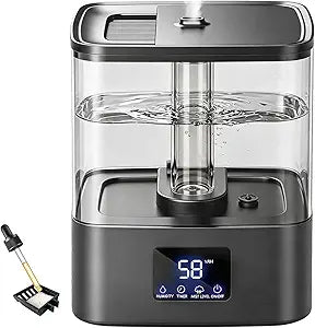 KZF 6L Top Fill Humidifiers for Bedroom & 60H Runtime - Cool Mist Humidifier, 3 Mist Levels, 8H Timer, Essential Oil Tray, Humidity Display, Quiet for Bedroom, Baby, Plants, Large Room (Black, 6L)