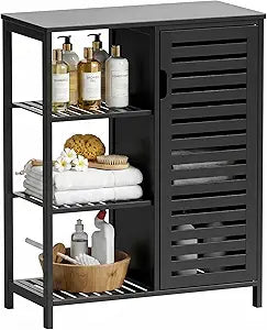 HITNET Bathoom Storage Cabinet, Bamboo Floor Cabinet with Single Door and 3 Open Shelves, Freestanding Space Saving Cupboard for Living Room, Kitchen, Entryway, Black
