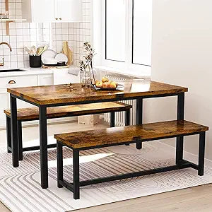 Dining Room Table Set with 2 Benches, Farmhouse Dining Table Set for 4, Wood Breakfast Dinner Table Set Kitchen Table and Benches for Breakfast Nook Small Spaces, Brown