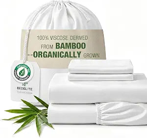 BEDELITE Bamboo Viscose Sheets - 100% Organically Grown, Up to 18" Deep Pocket Queen Sheet Set, All Round Elastic & Corner Straps, Luxury Silky Soft Cooling Sheets for Hot Sleepers, 4 Pieces, White