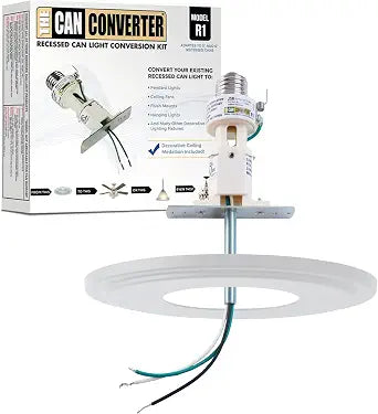 The Can Converter R1 Recessed Can Light Conversion Kit w/ 8" Steel Beveled Ceiling Medallion - Home Improvement for 4", 5" & 6" Cans, Fan & Light Fixture Converter Kit, UL Certified, White