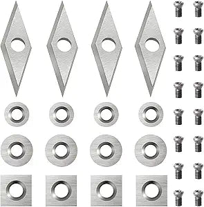 32pcs Carbide Lathe Tools,Tungsten Cutters Inserts Set for Wood Lathe Turning Tools, Include 11 mm Square with Radius, 12 mm and 8.9 mm Round, 30 x 10 mm Diamond,Screws