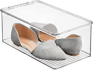 iDesign Stackable Shoe Box with Hinged-Lid for Wedges or Sandals, Set of 2, Clear, Made in USA