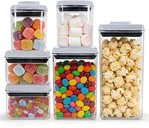 6 Pcs POP Container Set, Airtight Food Storage with Lids, Push Button Seal BPA-Free Set for Pantry, 0.65QT/0.7QT/1.8QT/2.4QT for Bulk Dry Food, Cereal, Flour, Sugar, RV Kitchen Storage