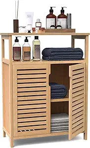 Bamboo Bathroom Storage Cabinet with 2 Doors, Bathroom Floor Freestanding Cabinets Organizer for Living Room, Kitchen, Entryway