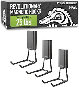 GATOR MAGNETICS MIDI 4 in Open Hooks, 25 lb Heavy Duty Magnetic Hooks for Steel Surfaces, Patented Easy-Release, Non-Slip Grip Storage & Organization, Garage, Shed, Home, Cleaning Tools - 3 Pack