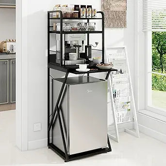 PUNCIA 4-Tier Mini Fridge Stand with Power Outlet & Storage, Coffee Bar Organizer, Refrigerator Cabinet & Microwave Shelf, Bakers Rack for Kitchen, Office, Dorm, Pantry, Apartment (Black)