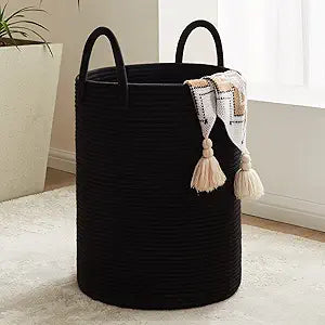 72L Large Woven Laundry Hamper by Fiona's magic, Tall Cotton Rope Storage Basket, Jute Baby Nursery Hamper for Blankets, Toys and Clothes in Bedroom and Living Room Organizing, Black