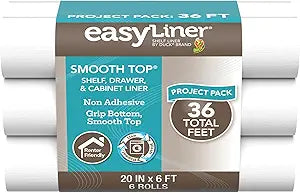 Smooth Top EasyLiner for Cabinets & Drawers, Easy to Install, Shelf Paper & Drawer Liner Non Adhesive, Non Slip Shelf Liner for Pantry, Kitchen Essentials, 20 in x 6 ft (6 Pack), 36 ft, White