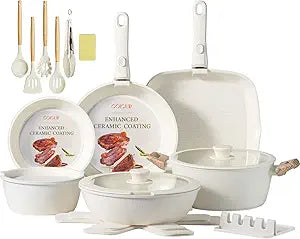 Ceramic Cookware Set Non Stick 23Pcs Pots and Pans Set Non Toxic with Detachable Handle Induction Kitchen Cookware Set Space Saving, Oven & Dishwasher Safe, Cream