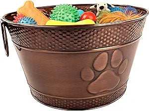 BREKX Metal Indestructible Dog Toy Bin - Storage Bin with Handles, Farmhouse Organizer Storage Basket for Pet Toys, Blankets, Leashes - Home Decor (Lead-Free Copper)