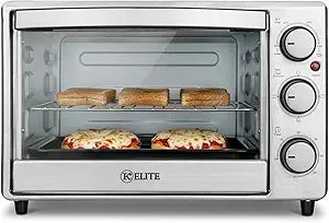 Kitchen Elite 6-Slice Toaster Oven, Compact Countertop Appliance with Bake Tray, Wire Rack, Adjustable Timer, and Temperature Control, Stainless Steel