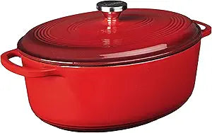 Lodge 7 Quart Enameled Cast Iron Oval Dutch Oven with Lid Dual Handles Oven Safe up to 500 F or on Stovetop - Use to Marinate, Cook, Bake, Refrigerate and Serve Red