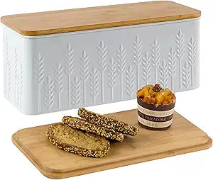 Large Bread Box for Kitchen Countertop Corner Breadbox for Homemade Bread Metal White Ear of Wheat Pattern Embossed Bread Storage Container Bin with Bamboo Lid