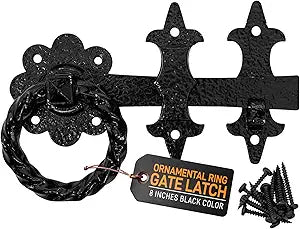 GATEMATE B5612003 Ornamental Ring Gate Latch | 8" (200mm) Black | Durable and Decorative Gate Hardware | Powder-Coated Finish | Includes Fittings for Easy Installation