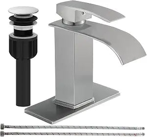 sagetta Waterfall Bathroom Sink Faucet Single Hole Faucet with Three Hole Cover Deck Plate, Pop up Drain and Water Hoses Stainless Steel Vanity Brushed Nickel