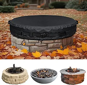 51-74.8" Round Fire Pit Cover Heavy Duty 600D Oxford Waterproof Outdoor Firepit Cover with Adjustable Buckle Strap for In-Ground Built-In Stone/Gas Fire Pits (BLACK, 66)