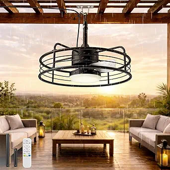 AKOFUN 20" Gazebo Outdoor Ceiling Fans with Lights, IP65 Waterproof Ceiling Fan with Remote, Quiet DC Motor, 1200 Lumens Dimmable 3000-6500K, Caged Plug-in Ceiling Fan for Patio Porch Pergola Canopy