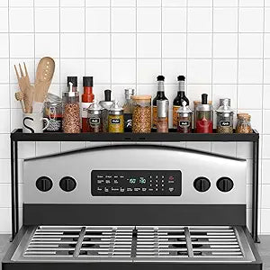 BOIVSHI Stove Top Shelf, Kitchen Over Shelf for Stove, Stove Spice Rack for Top, Adjustable 27-33inch, Fits Various Stove Lengths, Kitchen Spice Organizer, Condiments and BBQ Sauces, Black