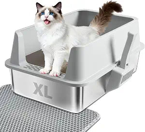 Stainless Steel Cat Litter Box, L to XL Cat Litter Box with Lid for Big Cat, Large Metal Litterbox with High SideNon-Stick, Odor-Resist, Anti-Urine Leakage, Easy-Clean, Includes Mat & Scoop