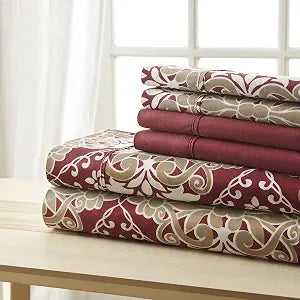 home SL EST. 1988 - King Sheets, Super Soft Traditional Home Microfiber Bedding Set, Lightweight Home Decor & Ideal for All Seasons, King, Burgundy Damask