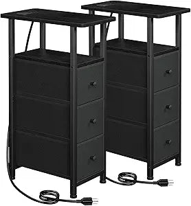 LOAKEKEL Narrow End Tables Living Room Set of 2 with Charging Station, Skinny Side Table with Fabric Drawers, Slim Nightstand for Bedroom, Small Spaces, Couch, Black, HETNDP03BK