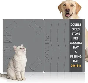 Double-Side 2 in 1 Stone Pet Food Mat & Cooling Mat (Dark Grey, 24"*16") | Water absorbing Diatomite Stone Dog Bowls Drying Mat & Heat dissipating Pet Cooling Mat for Small-size Dogs.