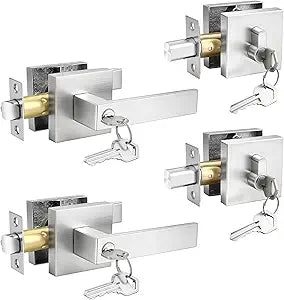 2 Pack Brushed Nickel Exterior Door Lock Set with Deadbolt, Square Front Door Handle Set, Door Levers Double Cylinder Deadbolt Set, Keyed Alike Heavy Duty Keyed Entry Handles Locksets