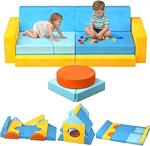 15pcs Unique Modular Kids Play Couch - Convertible Foldable Toddler Sofa Bed with Removable Crystal Velvet Cover, Safe Couches Kids Furniture for Playroom & Bedroom, for Boys and Girls