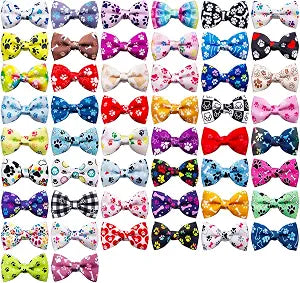 PET SHOW 50pcs Paw Bone Printed Small Dogs Bowties Collar Attachment Bows Embellishment Medium Dog Puppies Cats Collar Charms Accessories Bulk Slides Bow Ties for Birthday Wedding Parties, S/M