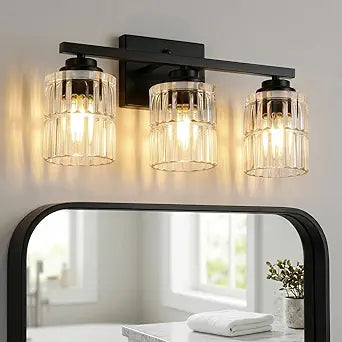TALOYA 19 Inch Bathroom Light Fixtures,Modern 3-Light Brushed Black Vanity Lights with Wide Vertical Ribbed Thickened Glass Shade Wall Sconces for Mirror Makeup Room HallwayBulbs Not Included