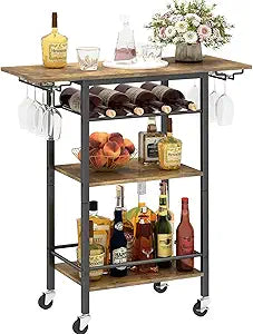 LAATOOREE Bar Cart, Home Bar Serving Cart, 3 Tier Mobile Drink Beverage Cart, Rolling Kitchen Shelf with Wine and Glass Holders, for Dinning Room, Living Room, Kitchen