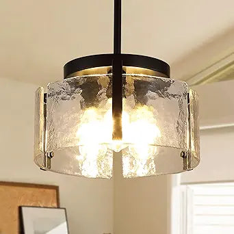 Glass Drum Chandelier for Dining Room, 3-Light Black Modern Chandelier Farmhouse Lights Kitchen Lighting Fixtures Over Table for Foyer Entryway Hallway Laundry Room Bedroom Bathroom