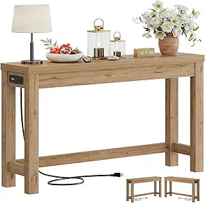 Cyclysio 47" Console Tables for Entryway, Narrow Console Tables for Living Room, Behind Couch Table, Sturdy Wood Support Hallway Table with 3AC+2USB Charging Station, Natural Oak