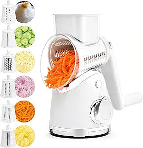 SUSTEAS Rotary Cheese Grater with Handle,Vegetable Slicer with 6 Interchangeable Blades, Reinforced Suction,Easy to Clean,Kitchen Shredder for Crushed Ice,Fruits and Nuts with Blade Storage Case,White