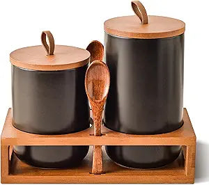Black Ceramic Canister Set of 2 with Bamboo Lids, Wooden Stand & Spoons 35oz & 28oz Airtight Food Storage Jars for Coffee, Sugar, Tea, Kitchen Counter Organizer
