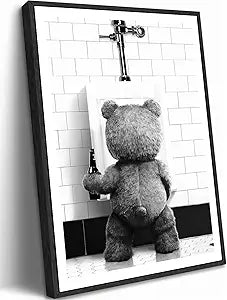 Funny Teddy Bear Wall Art Black and White Wall Decor Painting Pictures Bear toilet Poster Print for for Bathroom Restroom Men Women Movie Fans Room Decoration 16x24in Frame