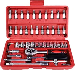 46 Pieces 1/4 inch Drive Socket Ratchet Wrench Tool Set, with Bit Socket Set Metric SAE and Extension Bar for Auto Repairing and Household TS/TTBS-01