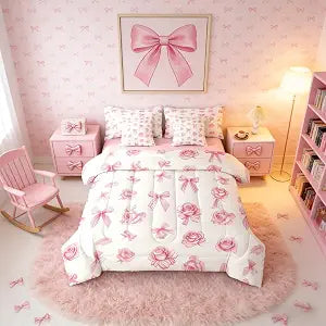 Erosebridal Coquette Bowknot 7 Pcs Bedding Set Full Pink Rose