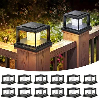 FOLKSMATE Solar Post Cap Lights 12 Pack, 2 Lighting Modes Cool/Warm White Outdoor Solar Powered, Waterproof Fence Deck Lights for 44 3.53.5 Wood Vinyl Posts, for Garden Patio Porch Decor, Black