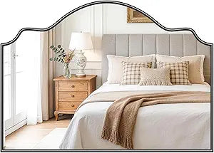 Scalloped Mirror, 36" x 26" Black Arched Fireplace Mirror with Rubberwood Frame, Decorative Black Wall Mirrors for Mantel, Bedroom, Bathroom, Vanity