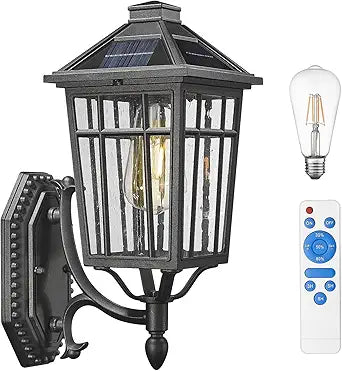 Darkaway Solar Outdoor Wall Lights, Dusk to Dawn Outside Wall Sconce Lighting with Remote, Black Exterior Light Fixture for House Porch Yard Hallway Doorway Garage
